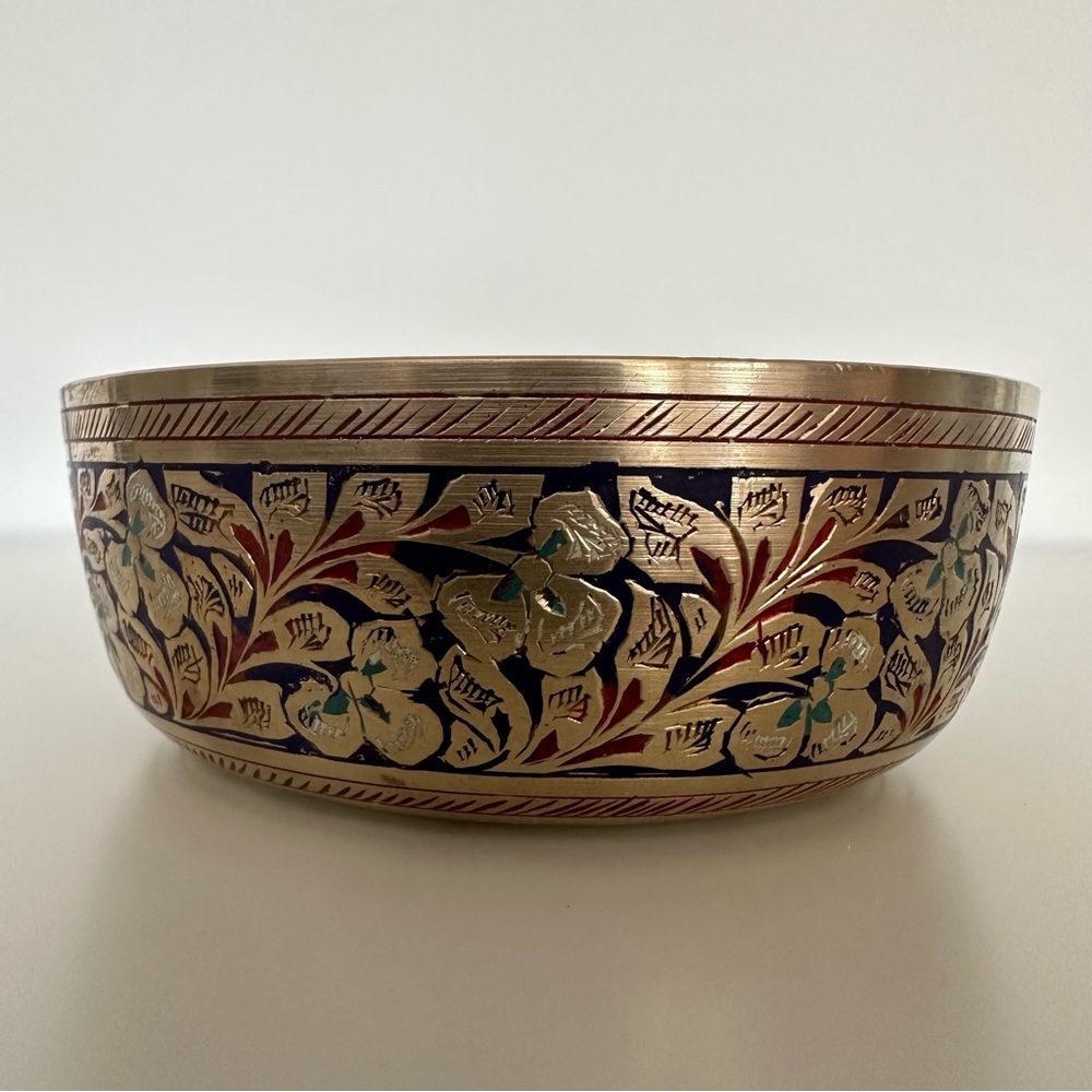 Anthropologie Vintage Brass Etched Enamel Bowl Red, Blue, and Aqua Detailing